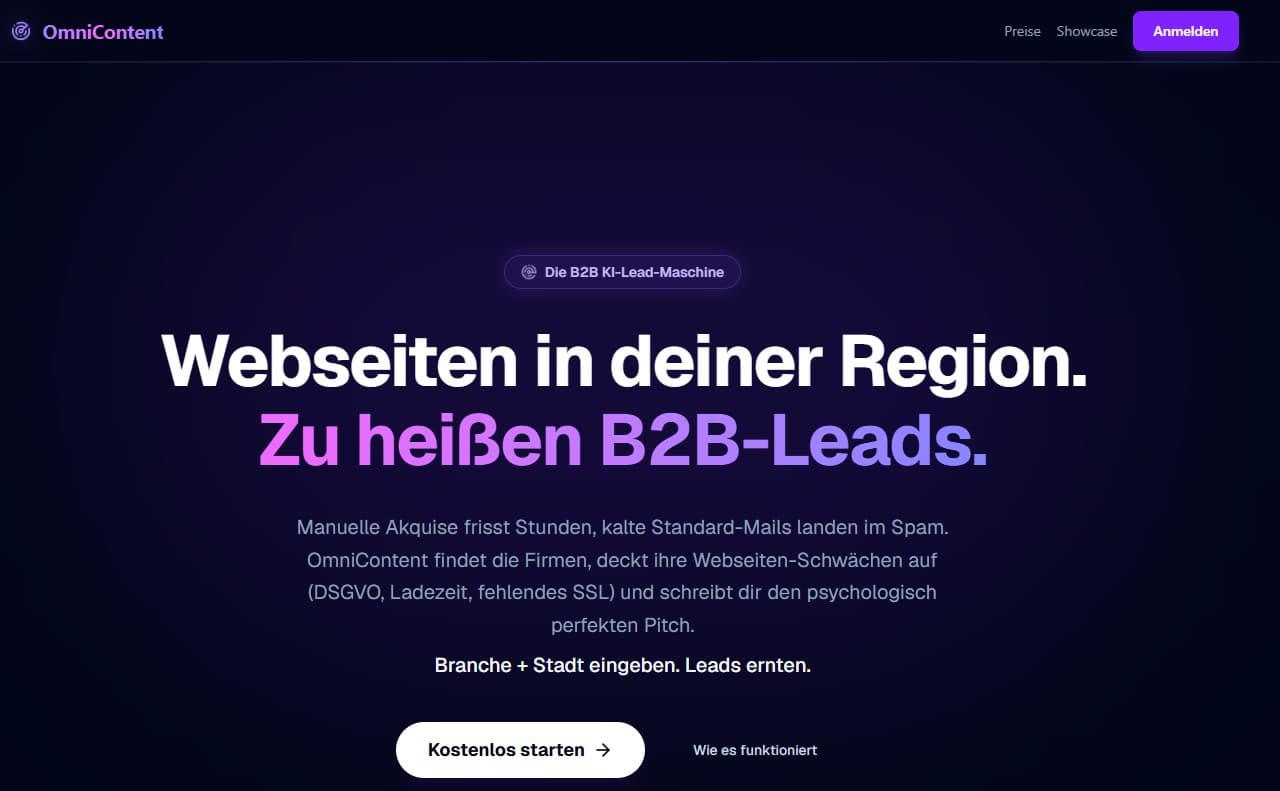 OmniContent – B2B KI-Lead-Maschine Plattform Screenshot