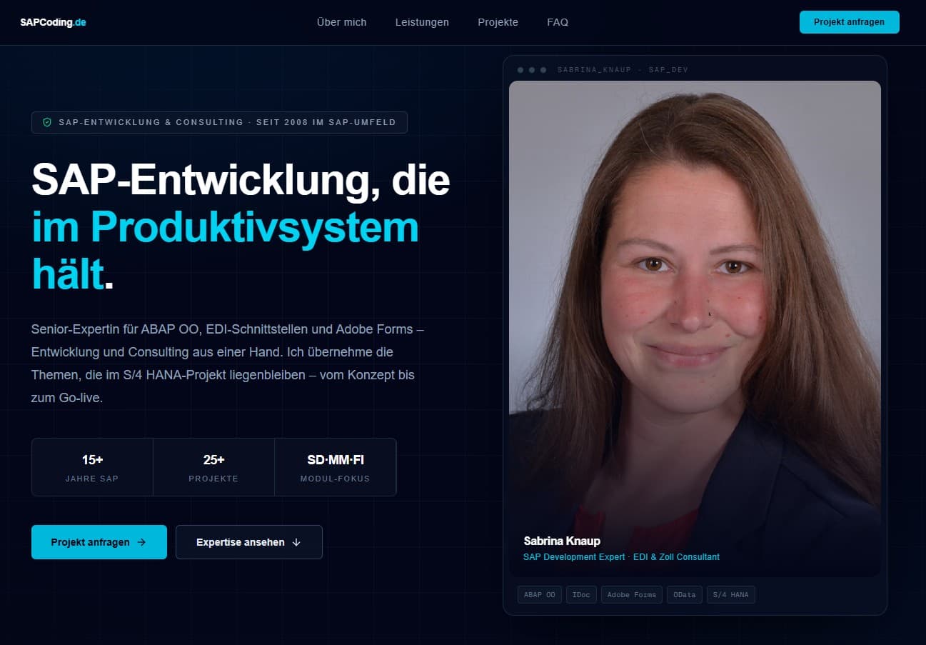SAP Coding – moderne Webpräsenz für eine SAP-Beraterin, Screenshot